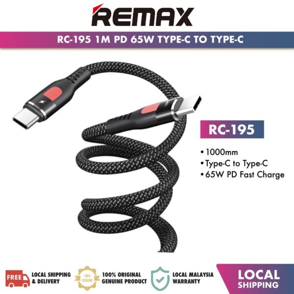 Remax RC-195 1M PD 65W Type-C to Type-C Data Fast Charge Nylon Braided Laptop Notebook USB-C USB Data Cable