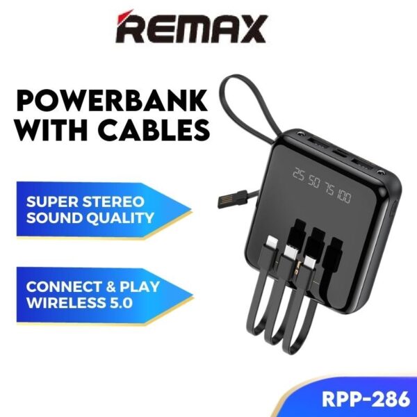 Remax Powerbank 10000mAh Powerbank with Cable RPP-286 Portable Powerbank Type C Output Powerbank Mini Powerbank Remax