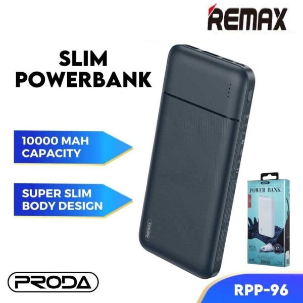 Remax Powerbank 10000mAh Powerbank Slim Powerbank Type C Input RPP-96 Dual USB Powerbank Portable Powerbank Power Bank