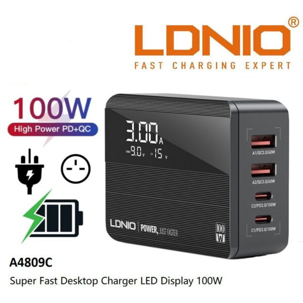 LDNIO A4808Q ( 65W ) / A4809C ( 100W ) LED Display Desktop Charger PD Super Fast Charging Desktop Adapter Charger Laptop